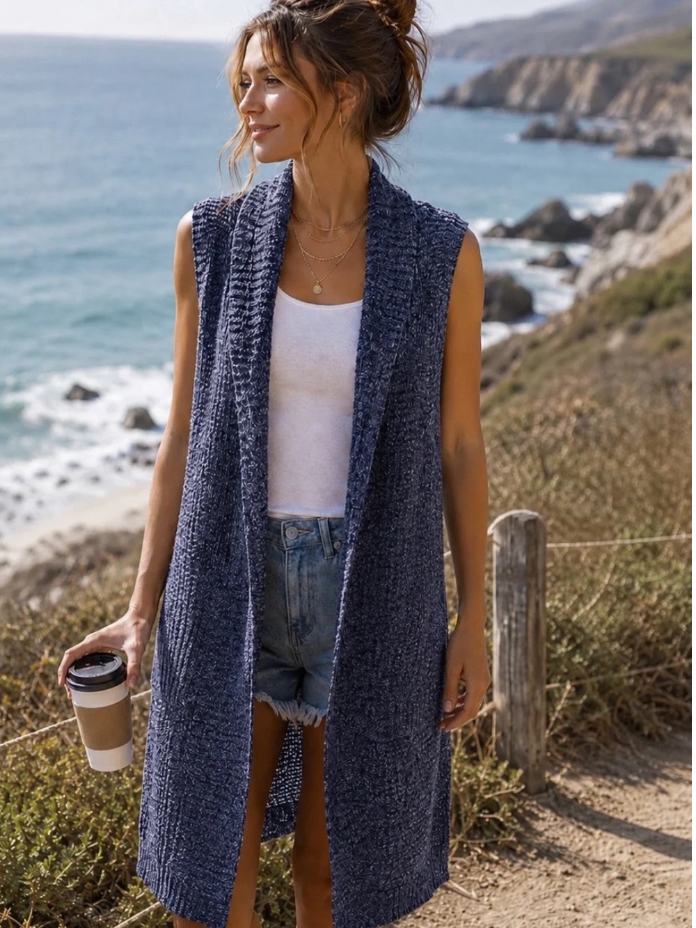 GAP Blue Marled Open Front Knit Cardigan Vest